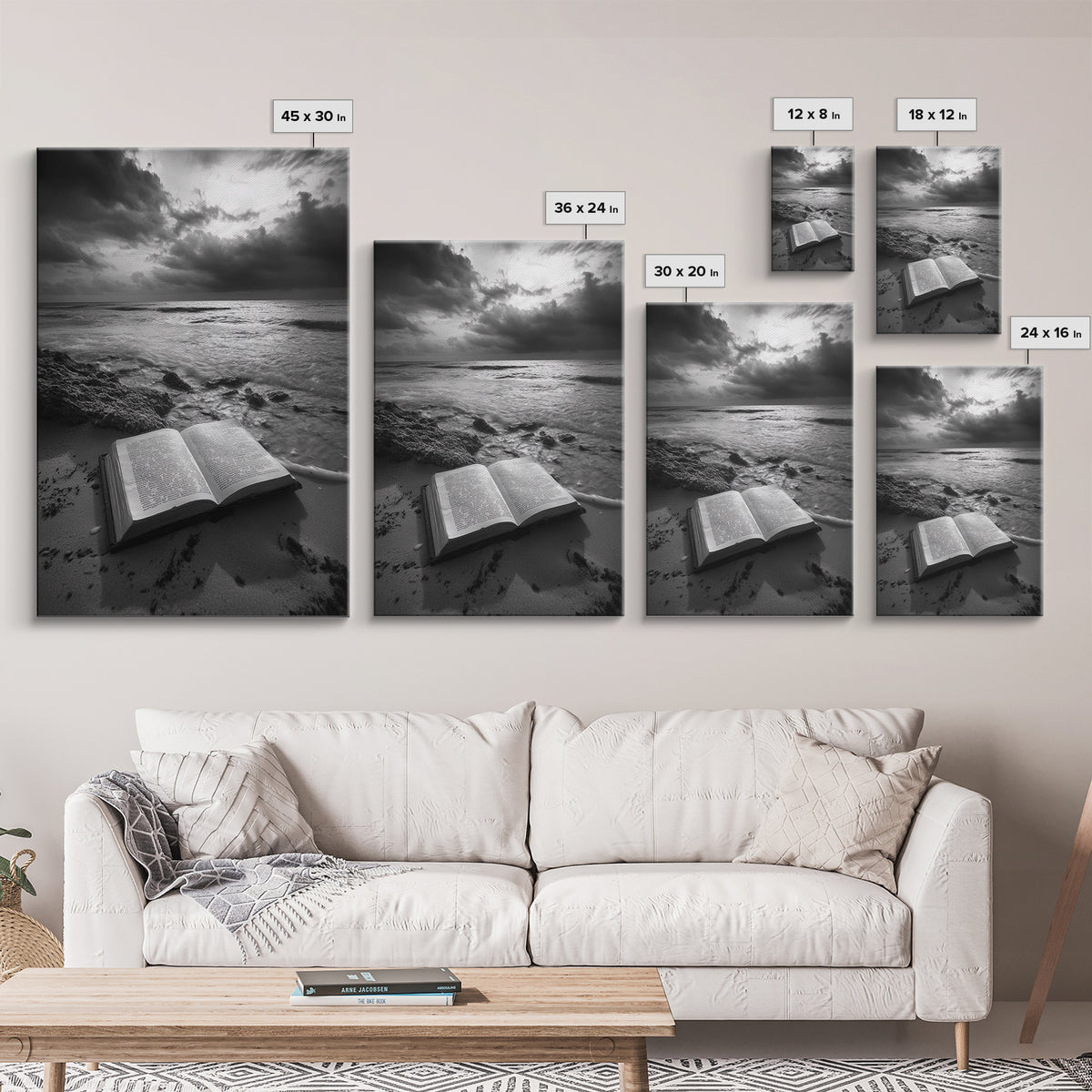 Book Beach Twilight, Reading By Ocean, Literary Seascape, Canvas Print, Study Wall Art, Moody Literary Art, Minimalist Coastal Decor
