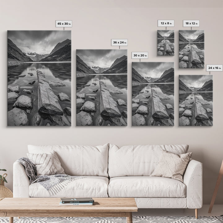 Mountain Lake Log, Alpine Serenity Scene, Tranquil Rock Shore, Canvas Print, Bedroom Wall Art, Nature Retreat, Minimalist Landscape