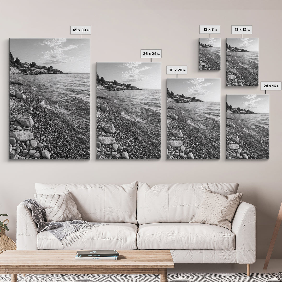Pebble Beach, Tranquil Coastline, Coastal Stones, Sunrise Shore, Canvas Print, Bathroom Wall Art, Ocean Photography, Beach House Decor