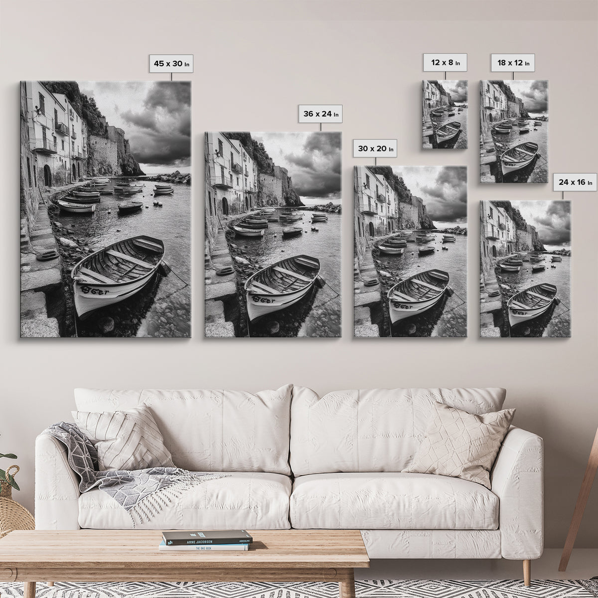 Coastal Village, Fishing Boats, Mediterranean Harbor, Seaside Charm, Framed Canvas Print, Nautical Kitchen Wall Art, Fall Decor Accent