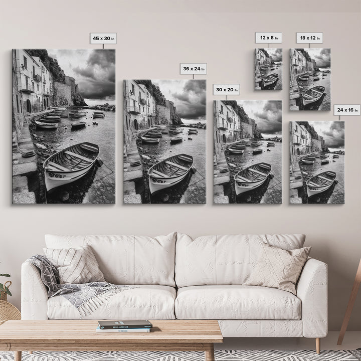 Coastal Village, Fishing Boats, Mediterranean Harbor, Seaside Charm, Framed Canvas Print, Nautical Kitchen Wall Art, Fall Decor Accent