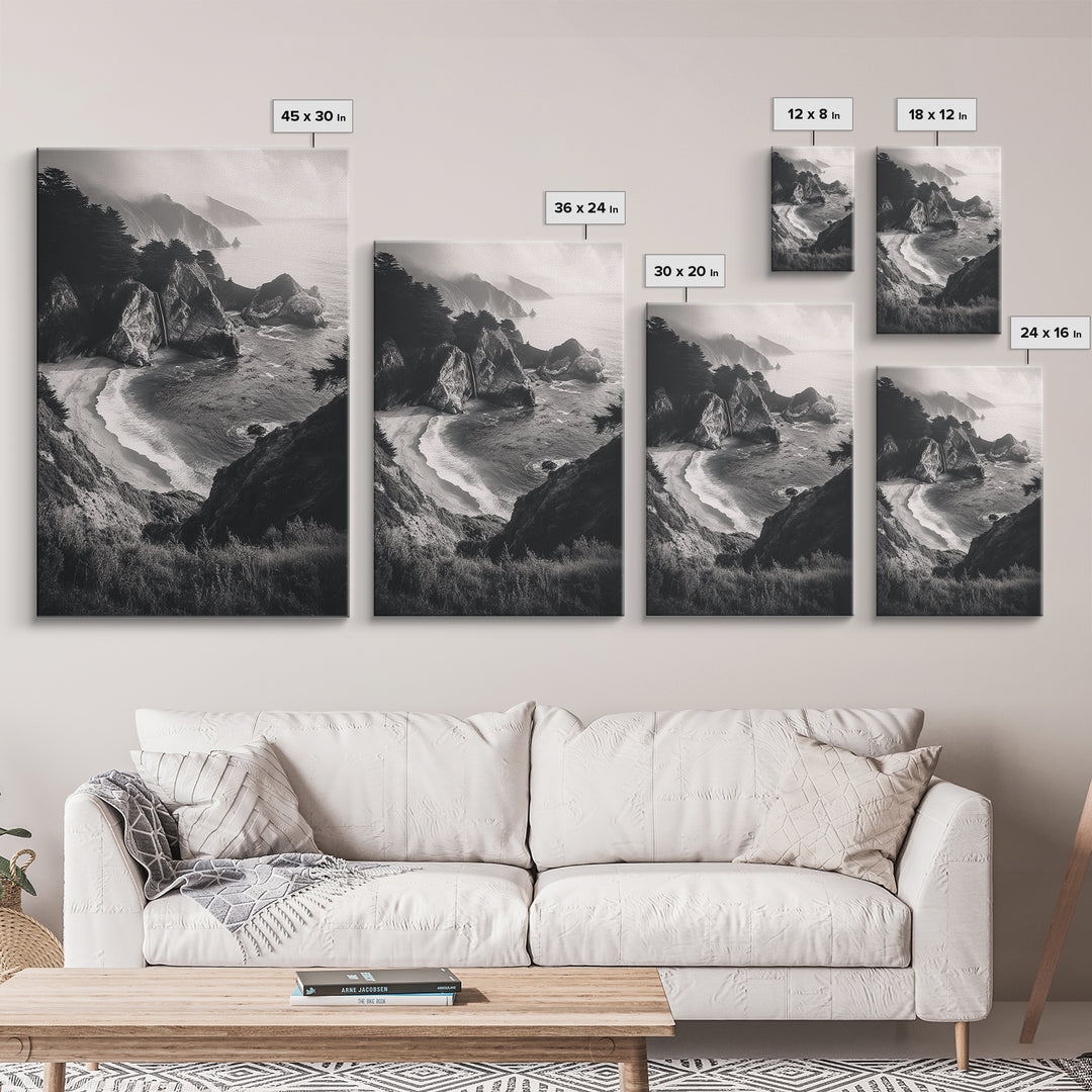 Ocean Cove, Cliffside Escape, Pacific Waters, Coastal Horizon, Canvas Print, Beach House Wall Art, Serene Nature Photography, Neutral Tones