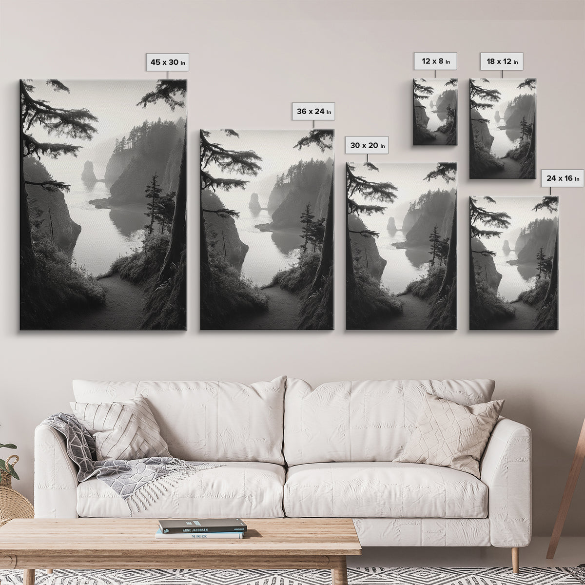 Forest Cliffs, Ocean Pathway, Misty Coast, Woodland Escape, Framed Canvas Print, Cabin Wall Art, Nature Trail Aesthetic, Autumn Mood Art