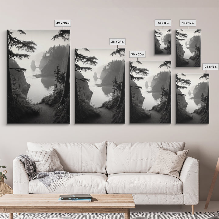 Forest Cliffs, Ocean Pathway, Misty Coast, Woodland Escape, Framed Canvas Print, Cabin Wall Art, Nature Trail Aesthetic, Autumn Mood Art