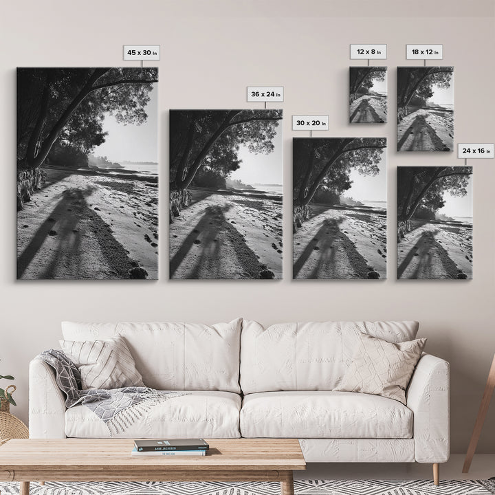 Coastal Shadows Path, Black and White Landscape, Framed Canvas Print, Entryway Art, Calm Nature Scene, Moody Coastal Wall Decor