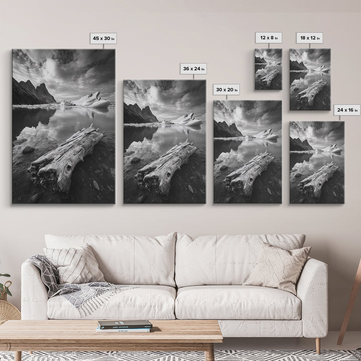 Arctic Driftwood View, Iceberg Horizon, Moody Mountains, Framed Canvas Print, Office Wall Art, Monochrome Nature, Nordic Aesthetic