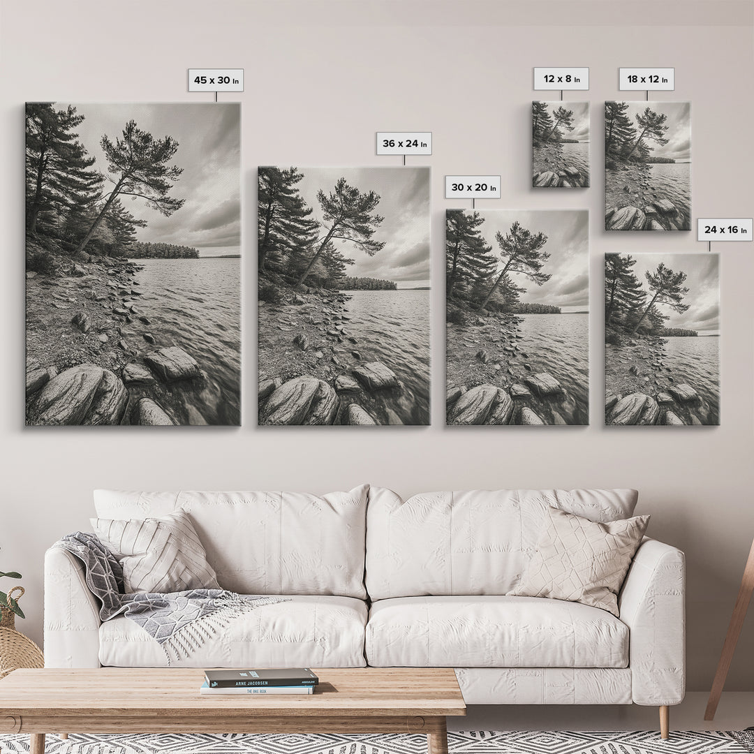 Pine Shoreline Landscape, Calm Water Trees, Autumn Mood, Canvas Print, Rustic Cabin Wall Art, Bedroom Nature Decor, Earthy Photography