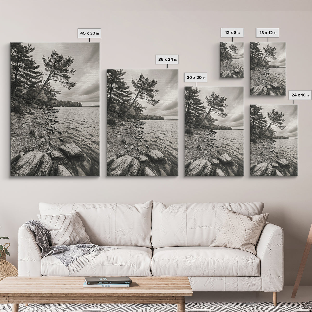 Pine Shoreline Landscape, Calm Water Trees, Autumn Mood, Canvas Print, Rustic Cabin Wall Art, Bedroom Nature Decor, Earthy Photography