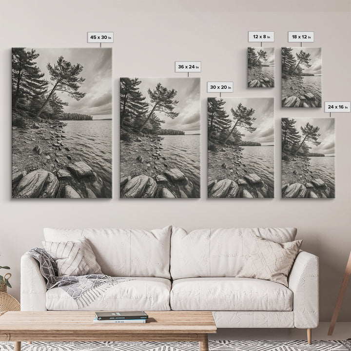 Pine Shoreline Landscape, Calm Water Trees, Autumn Mood, Canvas Print, Rustic Cabin Wall Art, Bedroom Nature Decor, Earthy Photography