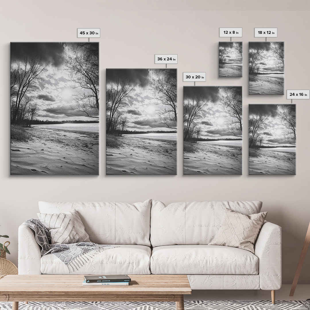 Dramatic Beach Sunset, Bare Trees Silhouette, Nature Photography, Framed Canvas Print, Fall Wall Art, Entryway Decor, Rustic Minimalist