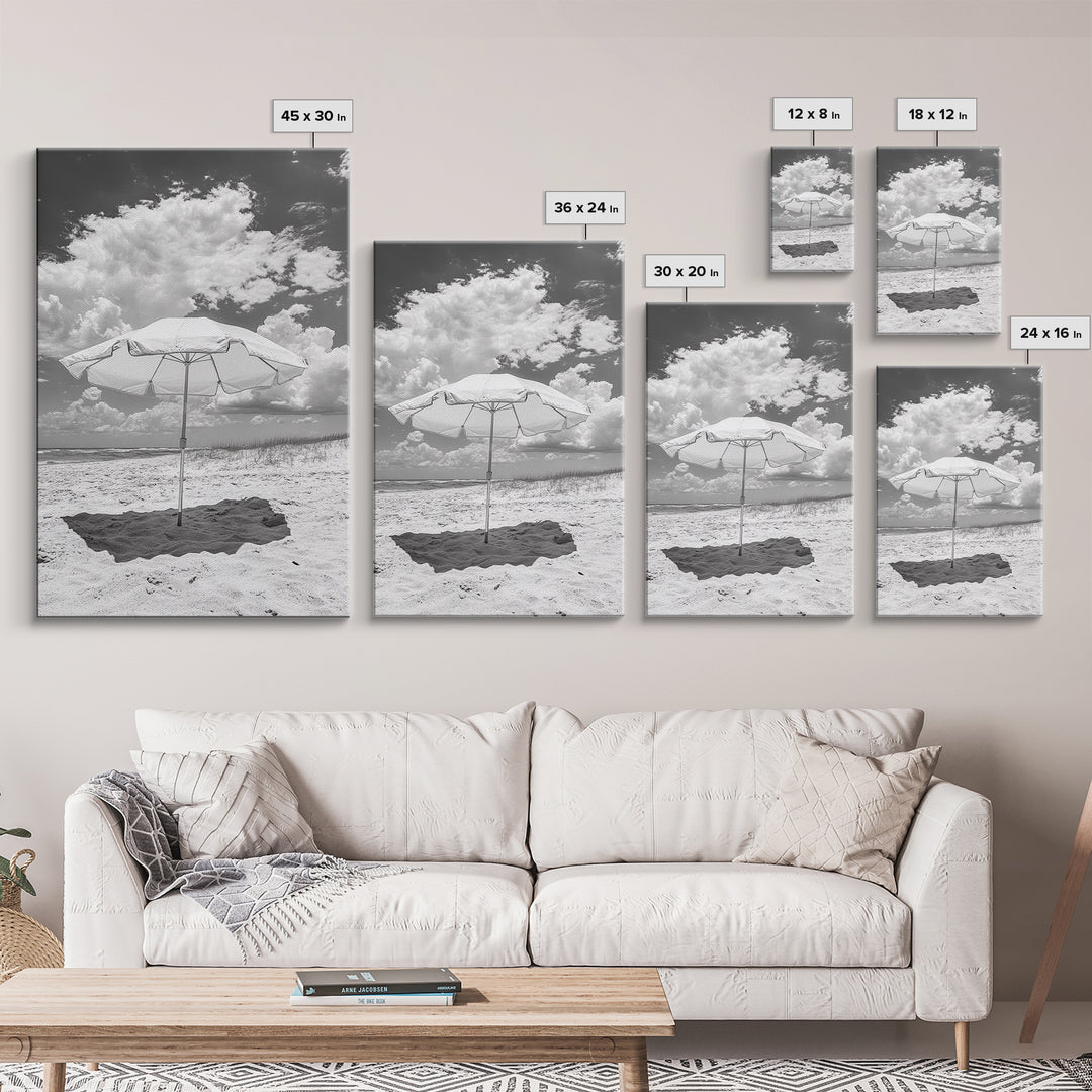 Beach Umbrella, Sunny Escape, Coastal Cloudscape, Framed Canvas Print, Summer Vibe Wall Art, Outdoor Living Decor, Travel Mood
