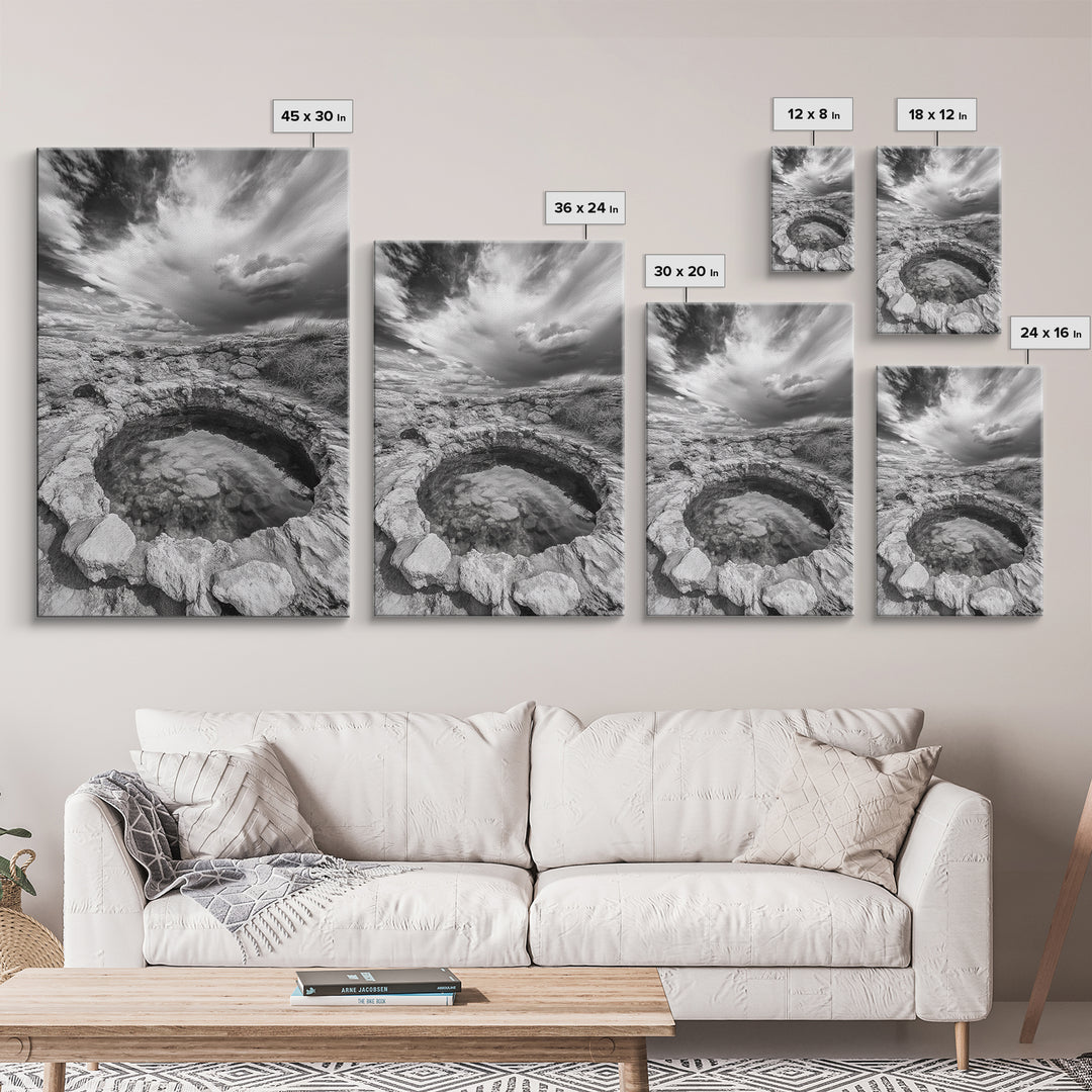 Natural Stone Pool, Sky Reflections, Framed Canvas Print, Bathroom Wall Art, Earthy Neutral Decor, Minimalist Landscape