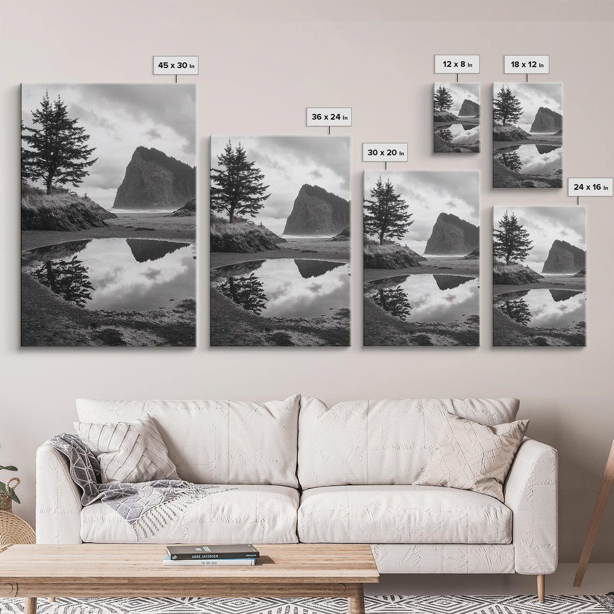 Coastal Rock Reflections, Nature Photography, Ocean Landscape, Framed Canvas Print, Moody Living Room Art, Minimal Decor