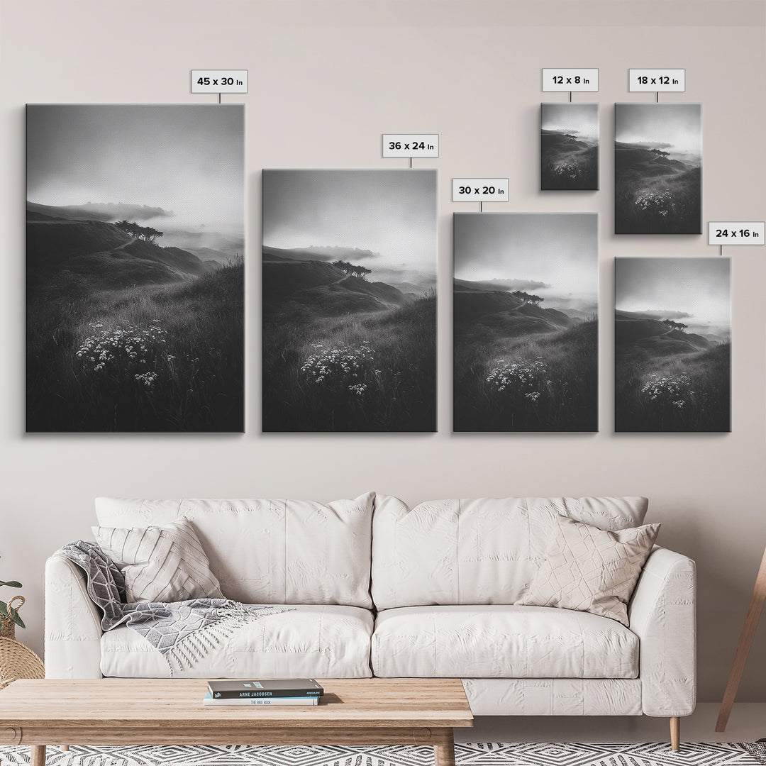 Rolling Mist Hills, Dreamy Countryside, Framed Canvas Print, Black and White Wall Art, Bedroom Calm Decor, Nature Landscape