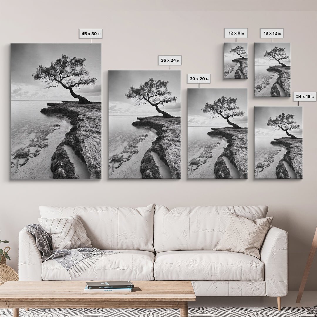 Coastal Tree Silhouette, Serene Nature Art, Ocean Wall Scene, Framed Canvas Print, Beach House Decor, Minimalist Design