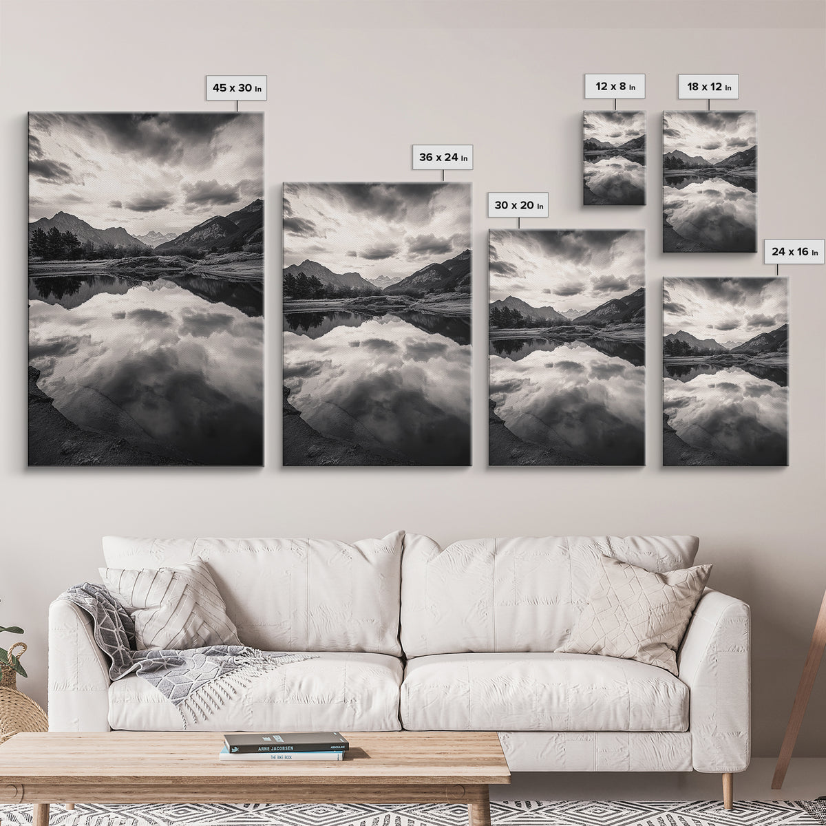 Alpine Reflections, Dramatic Skies, Mountain Serenity, Canvas Print, Living Room Wall Art, Moody Landscape Photography, Monochrome Decor