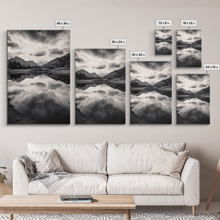 Alpine Reflections, Dramatic Skies, Mountain Serenity, Canvas Print, Living Room Wall Art, Moody Landscape Photography, Monochrome Decor