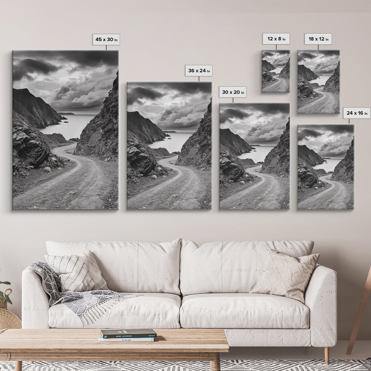 Coastal Road Curve, Rugged Cliff Path, Dramatic Seascape, Canvas Print, Office Wall Art, Monochrome Nature Art, Rustic Home Decor