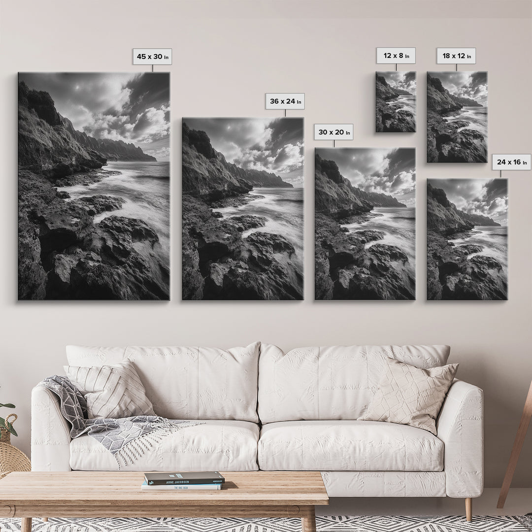 Coastal Cliffs, Ocean Horizon, Wild Waves, Framed Canvas Print, Bathroom Wall Art, Black and White Seascape, Coastal Decor, Moody Art