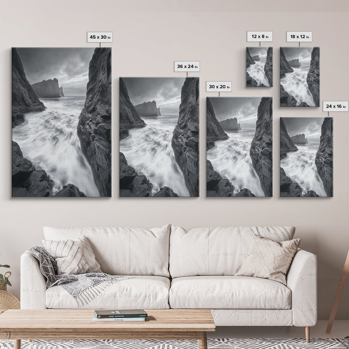 Stormy Coast, Crashing Waves, Ocean Drama, Framed Canvas Print, Living Room Wall Art, Bold Seascape Photography, Monochrome Modern Art