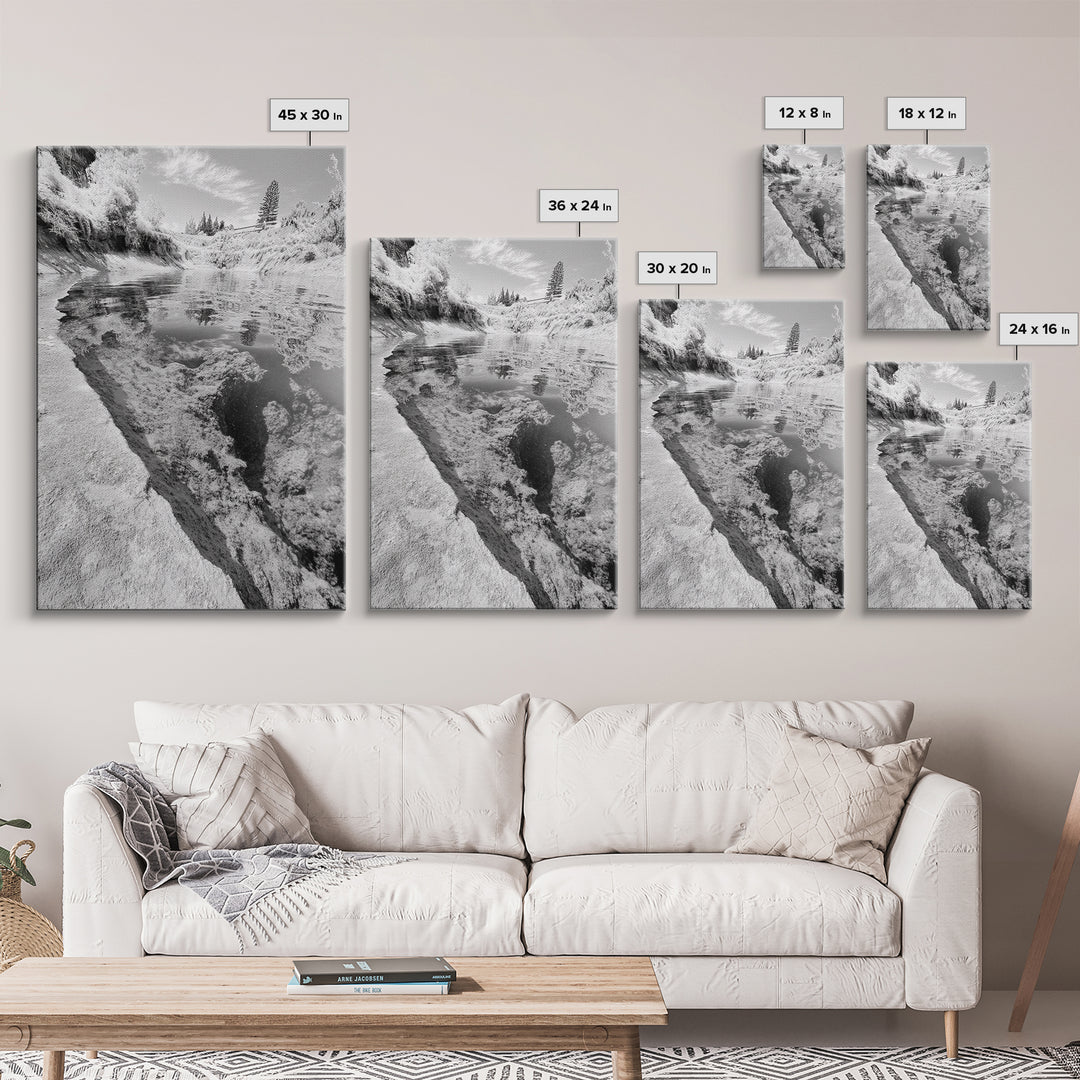 Reflective Riverbed, Nature Tranquility, Monochrome Landscape, Canvas Print, Bathroom Wall Art, Zen Decor, Fine Art Photography