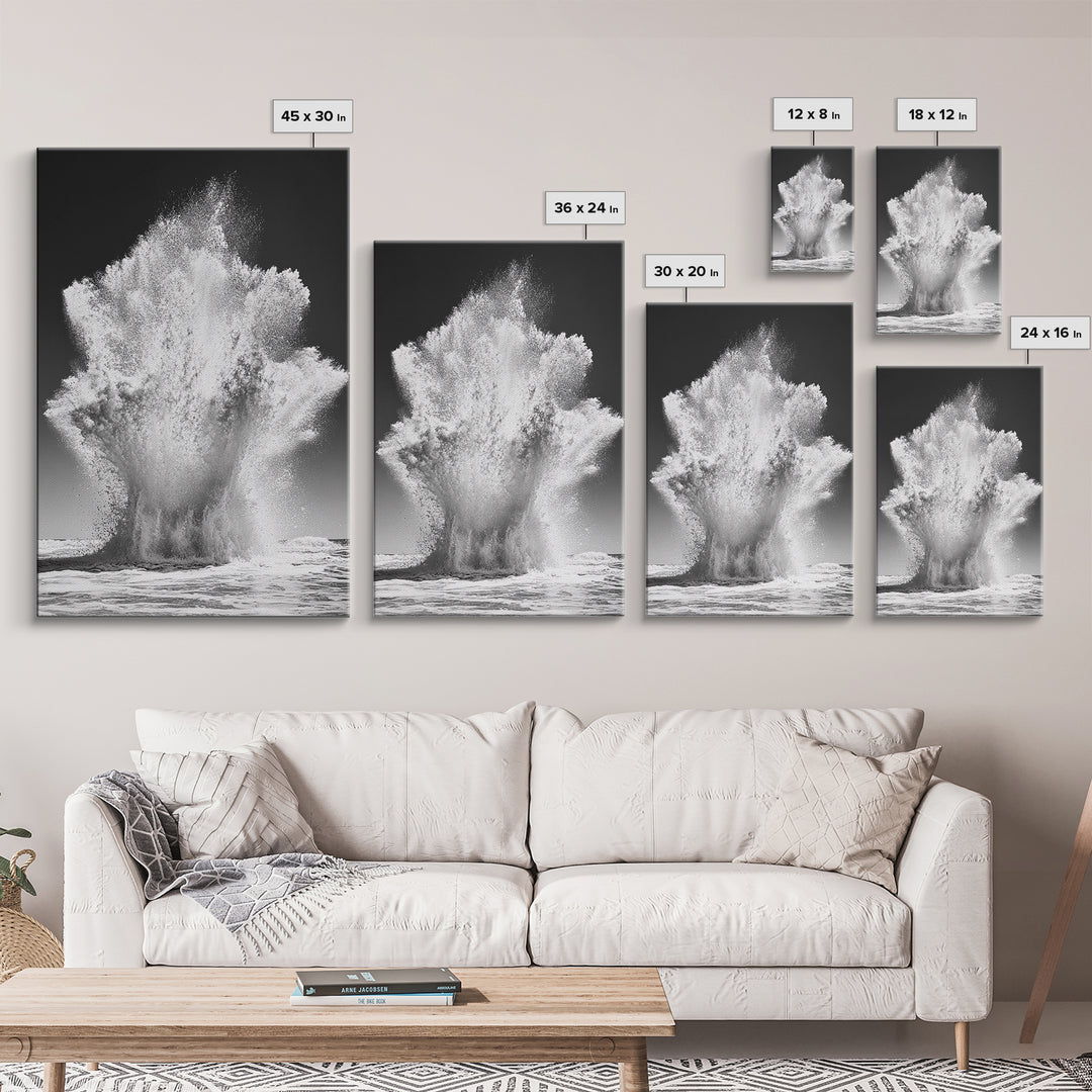 Ocean Splash, Water Explosion, Sea Power, Canvas Print, Bathroom Wall Art, Black and White Abstract Art, Coastal Modern Decor