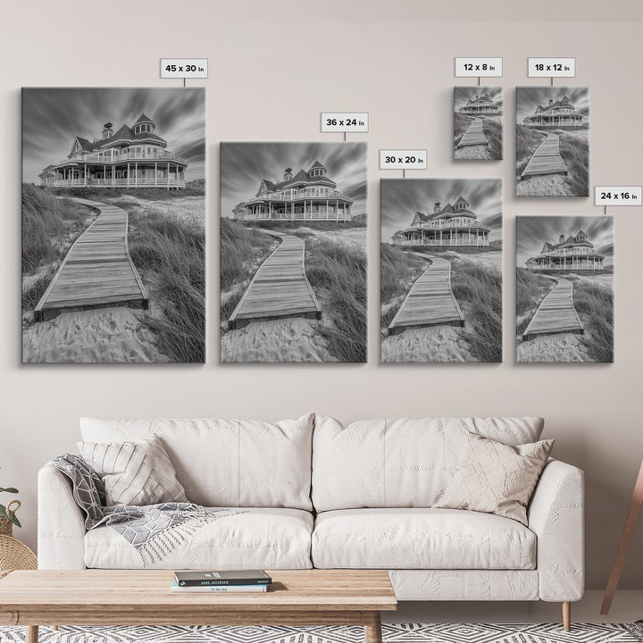 Beach House, Boardwalk Path, Coastal Architecture, Framed Canvas Print, Hallway Wall Art, Neutral Tones, Minimalist Coastal Style