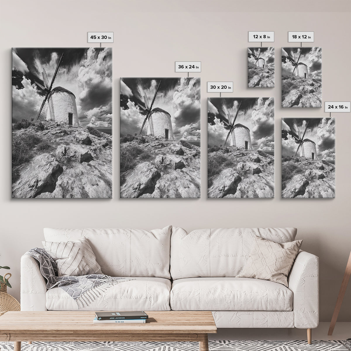 Windmill Hill, Dramatic Sky Art, European Landscape, Framed Canvas Print, Entryway Wall Art, Rustic Decor, Monochrome Photography