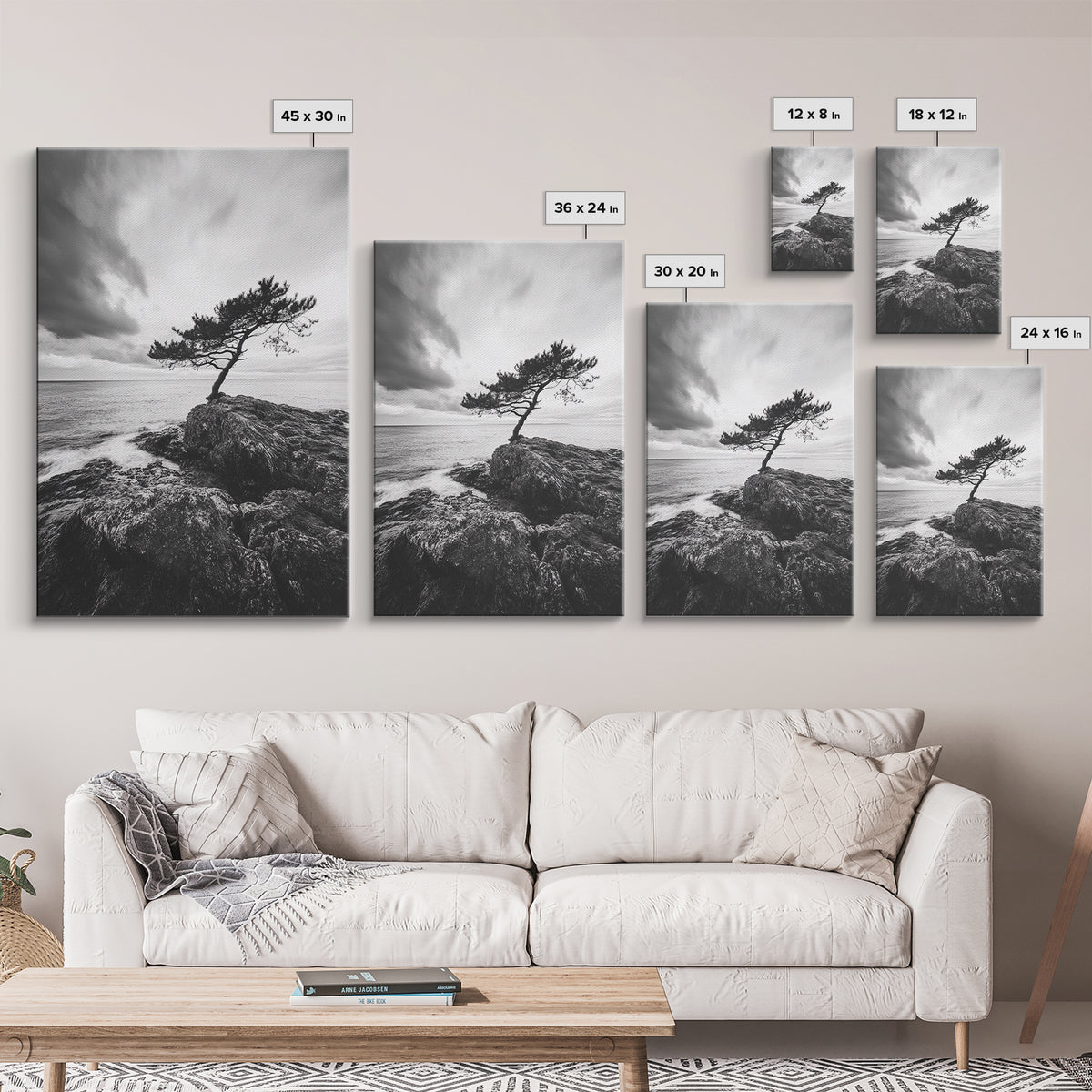 Lone Tree, Cliffside Ocean, Windy Coast Art, Framed Canvas Print, Bedroom Wall Art, Modern Nature Photography, Coastal Minimalist Decor