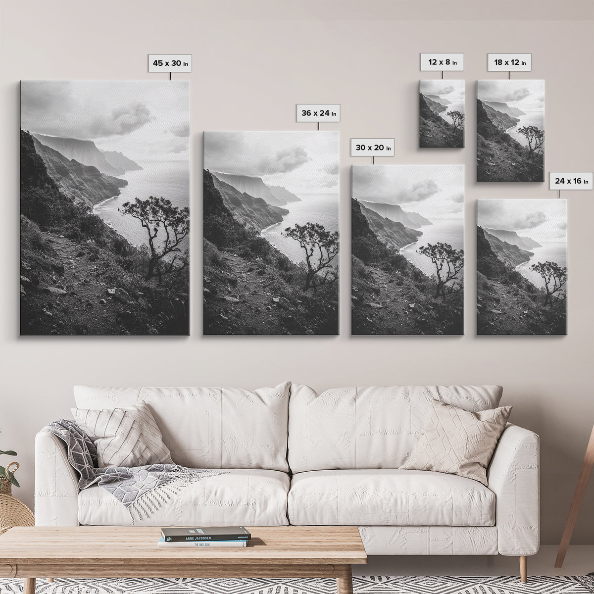 Coastal Cliff, Ocean Horizon, Hiking Trail, Framed Canvas Print, Nature Photography, Boho Wall Art, Living Room Decor, Minimalist Earth Tones