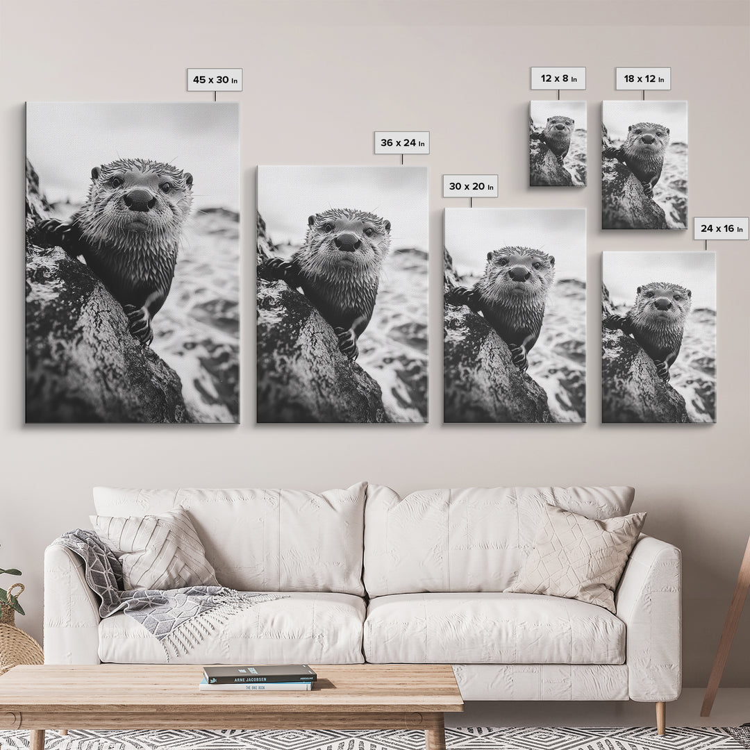Curious Otter, Coastal Wildlife, Black and White, Animal Photography, Framed Canvas Print, Bathroom Wall Art, Nature Lover Gift
