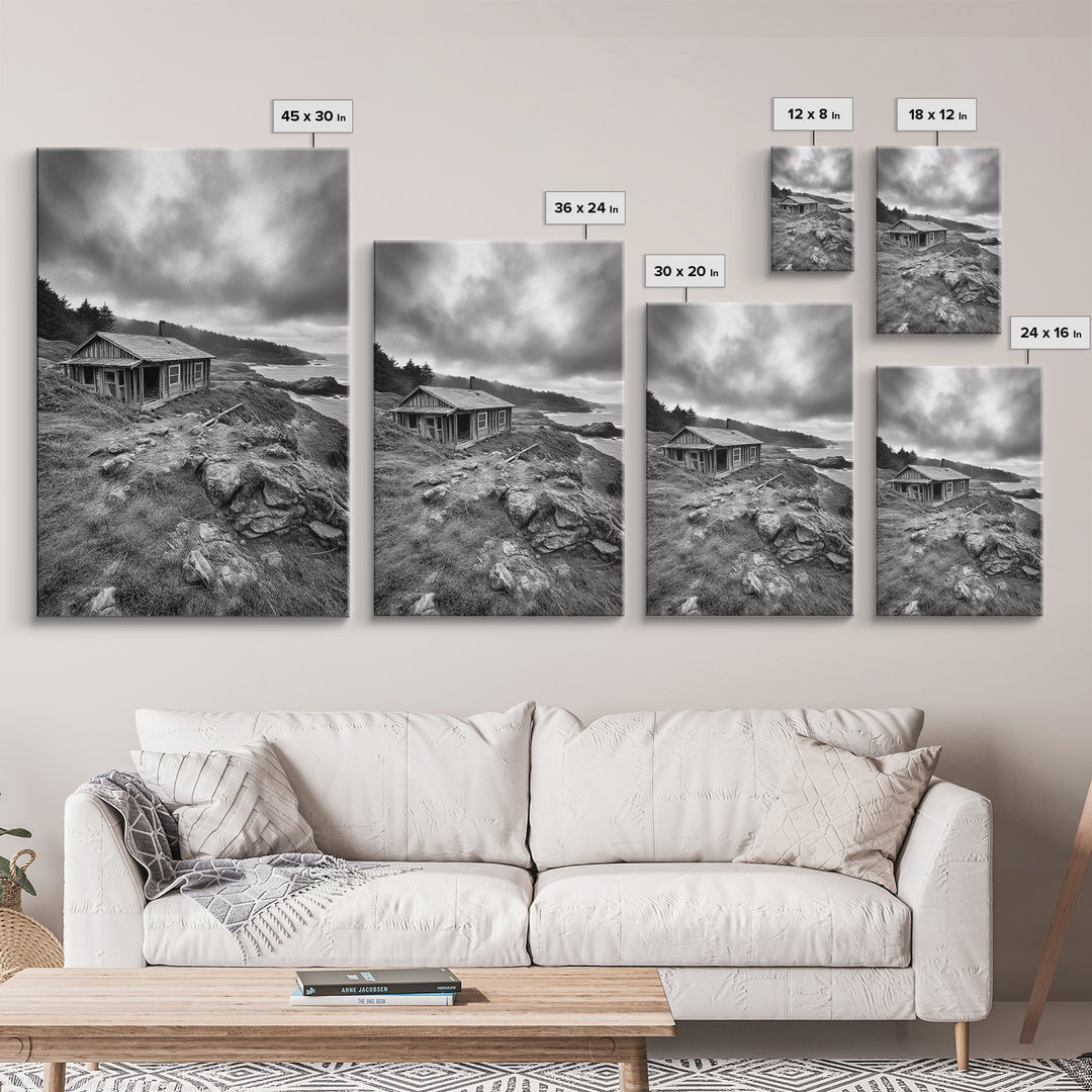 Abandoned Cabin, Coastal Cliff, Moody Landscape, Autumn Wall Art, Framed Canvas Print, Living Room Rustic Art, Farmhouse Aesthetic