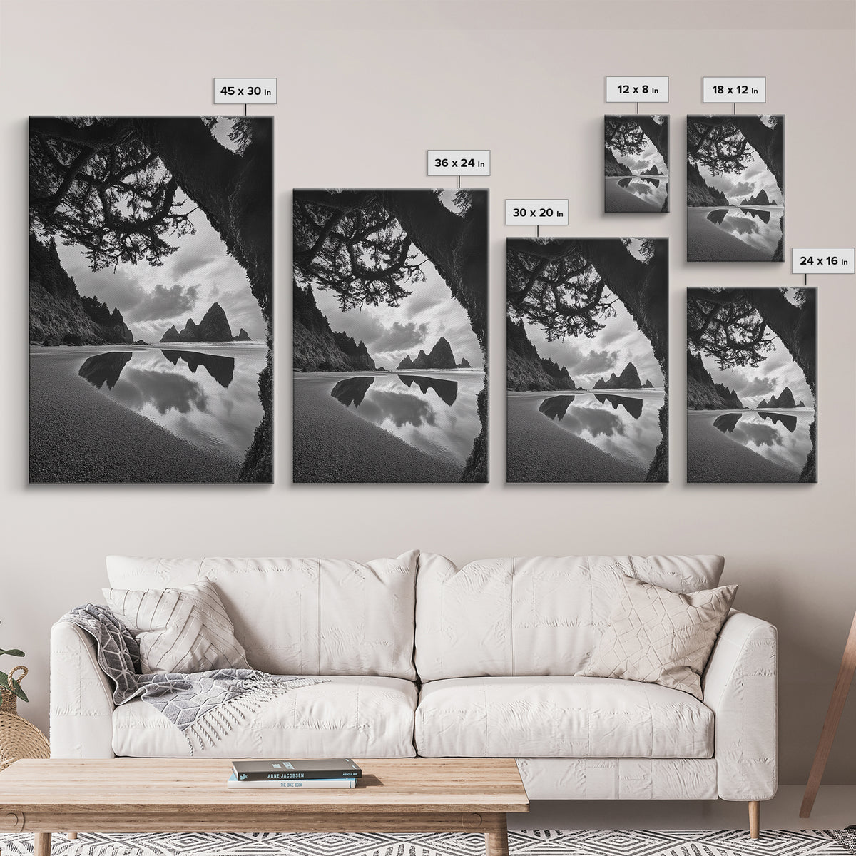 Sea Stacks, Reflected Sky, Dramatic Coastline, Beach Landscape, Canvas Print, Living Room Wall Art, Nature Coastal Decor, moody ocean print