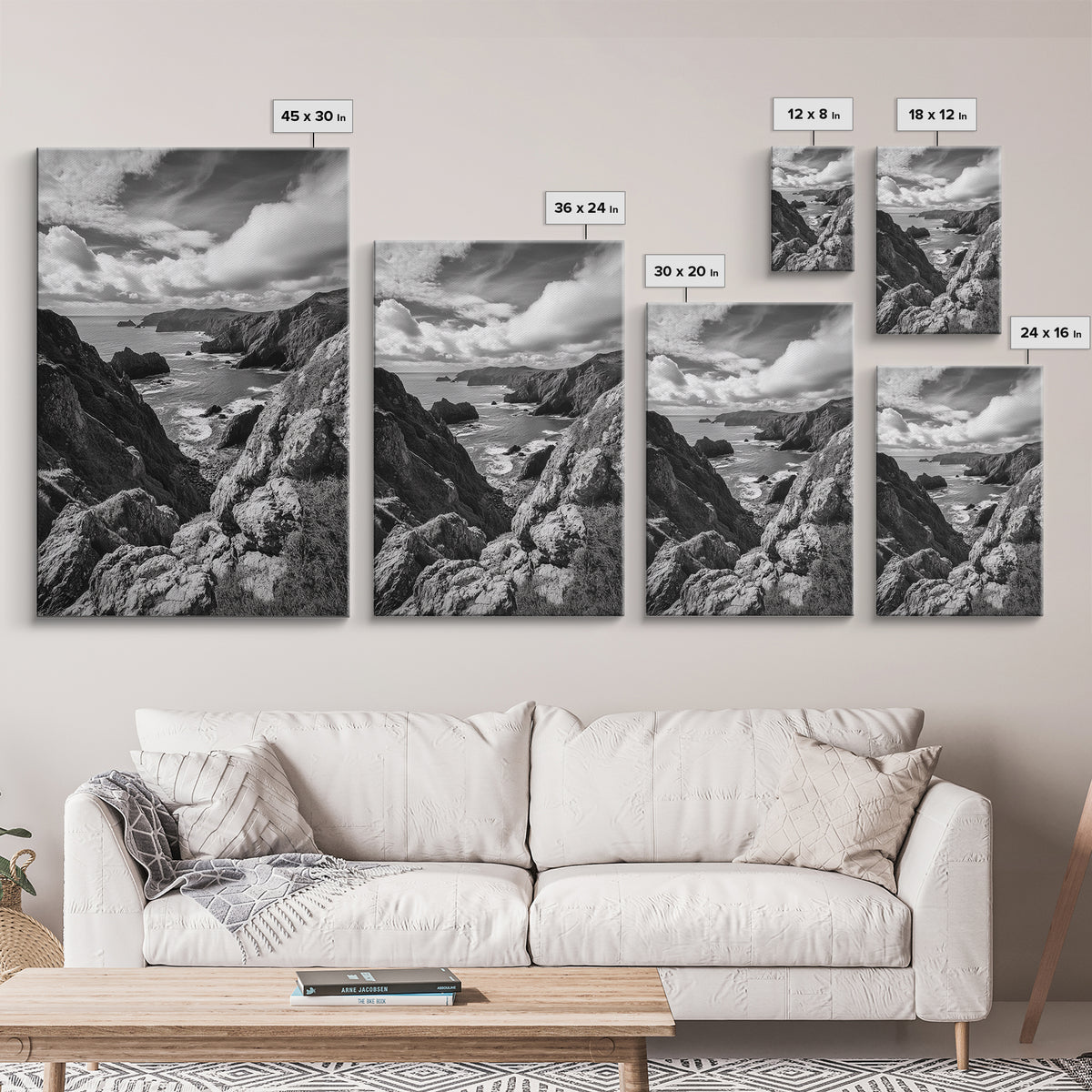 Rugged Cliffs, Ocean View, Coastal Escape, Framed Canvas Print, black and white coastal art, beach house wall decor, moody ocean print