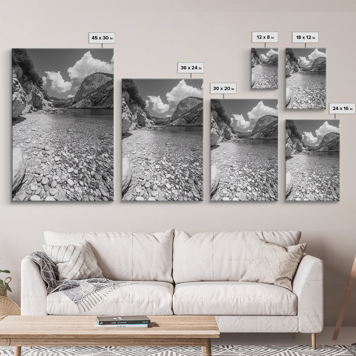 Rocky Beach, Crystal Water, Mountain Backdrop, Framed Canvas Print, tranquil lake art, minimalist decor, natural wall art