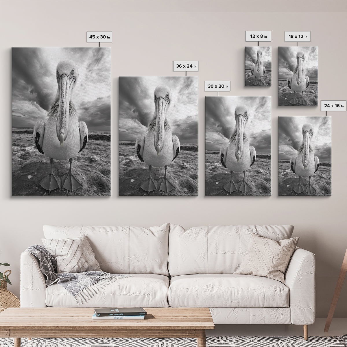 Bold Pelican, Coastal Storm, Bird Portrait, Canvas Print, wildlife wall art, beach house decor, dramatic black and white animal art