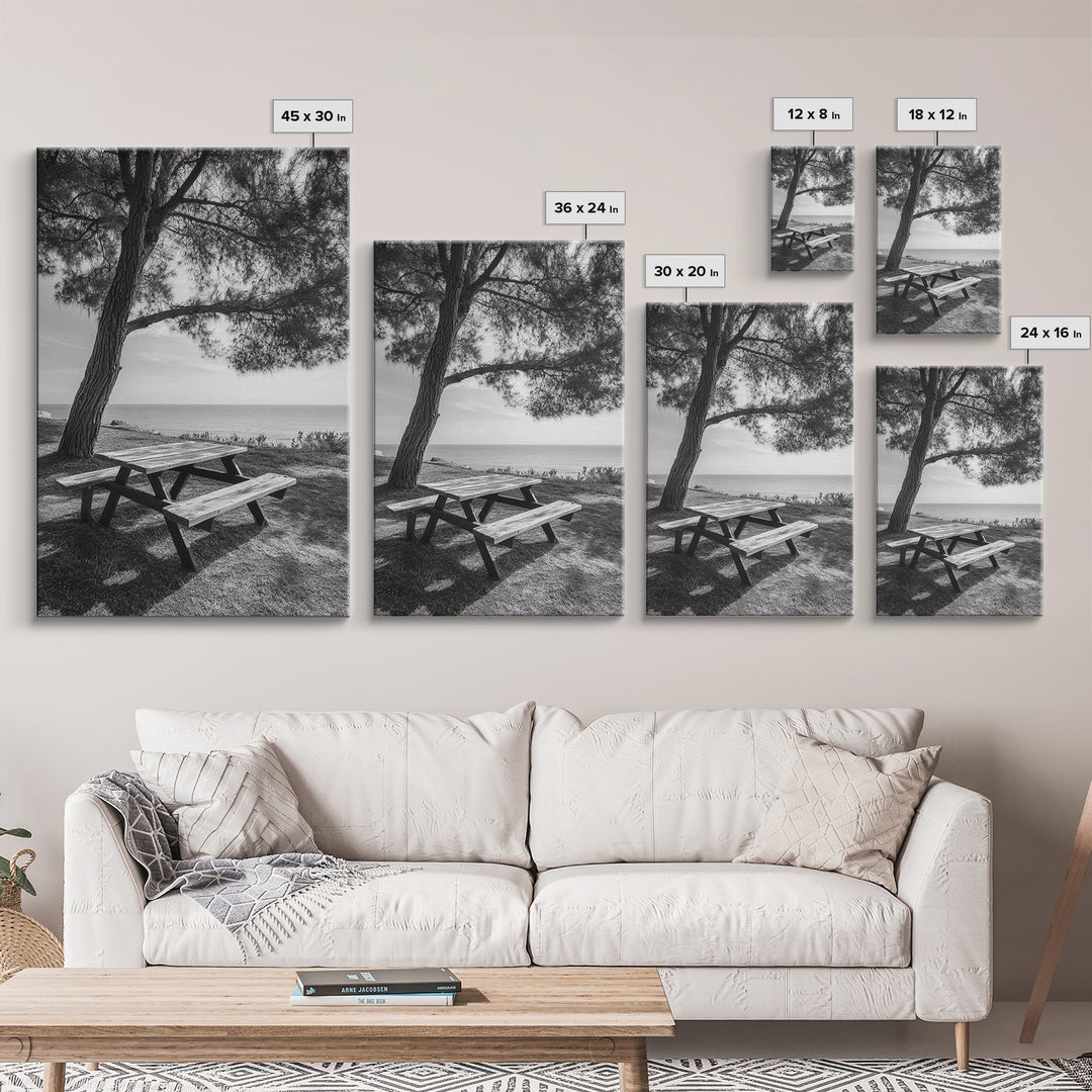 Seaside Bench, Peaceful Escape, Shaded Picnic, Canvas Print, nature photography, coastal wall art, relaxing ocean decor, Minimalist Decor