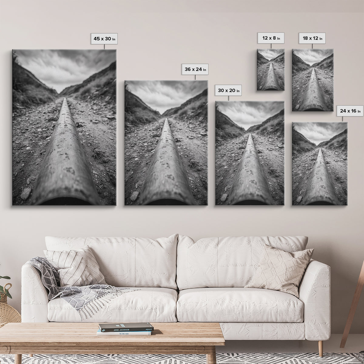 Industrial Line, Utility Pipe, Grunge Road, Canvas Print, Black White Photography, Modern Loft Decor, Urban Wall Art, Minimalist Style