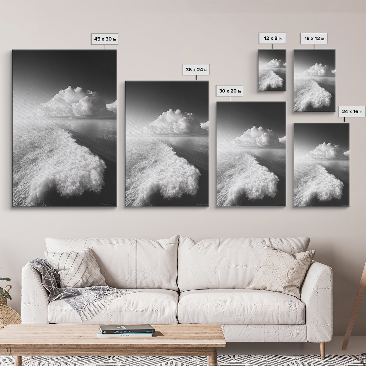 Ocean Wake, Cloud Horizon, Surreal Seascape, Framed Canvas Print, Dreamy Black White Wall Art, Bathroom Decor, Coastal Fantasy Art