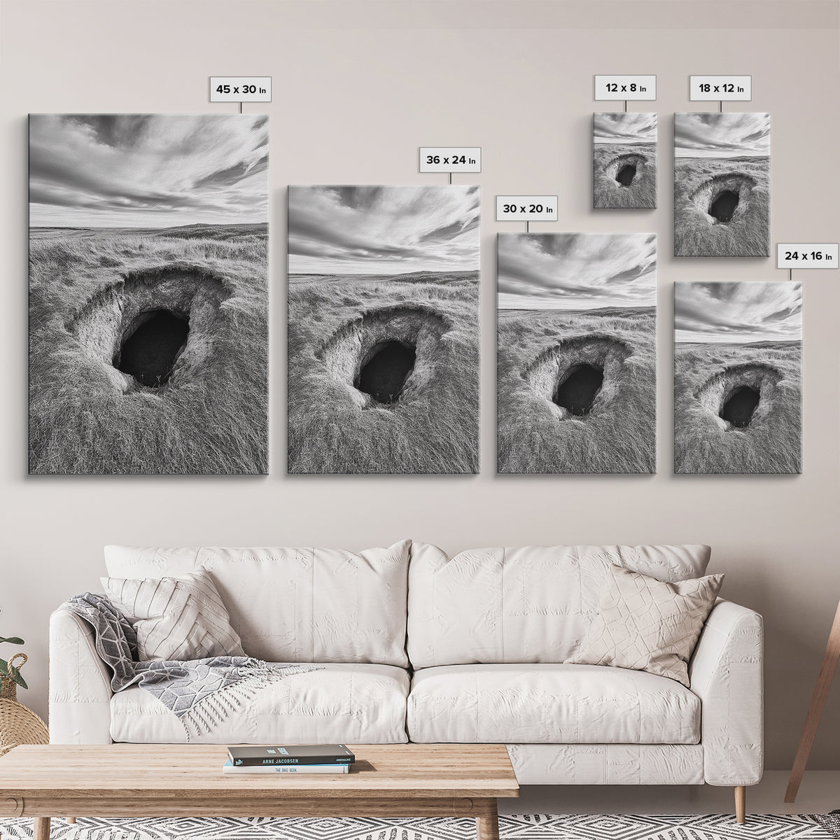 Burrow Entrance, Hidden Hole, Grassland Tunnel, Canvas Print, Nature Wall Art, Living Room Decor, Black White Landscape Photography