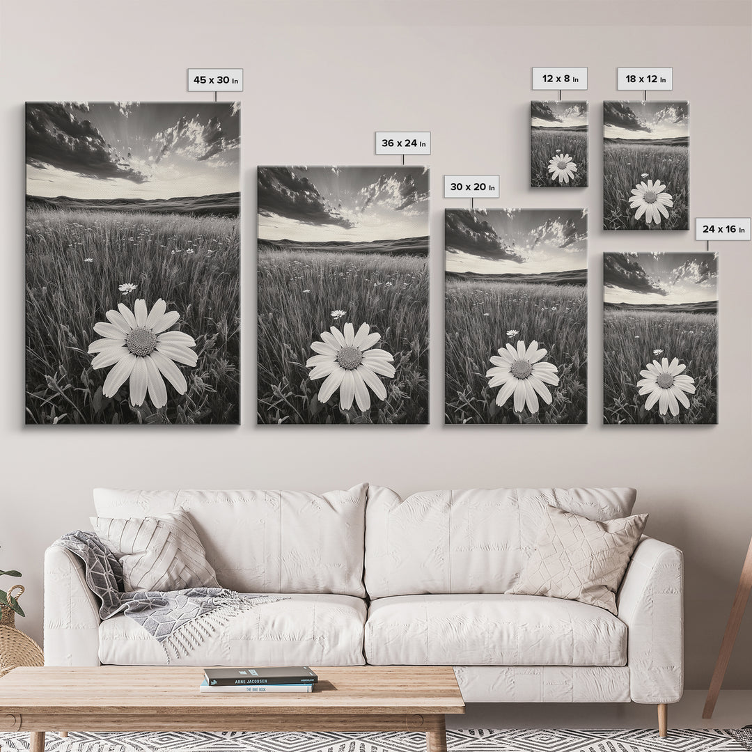 Wildflower Field, Daisy Bloom, Summer Meadow, Framed Canvas Print, Boho Botanical Wall Art, Bedroom Decor, Earthy Nature Photography