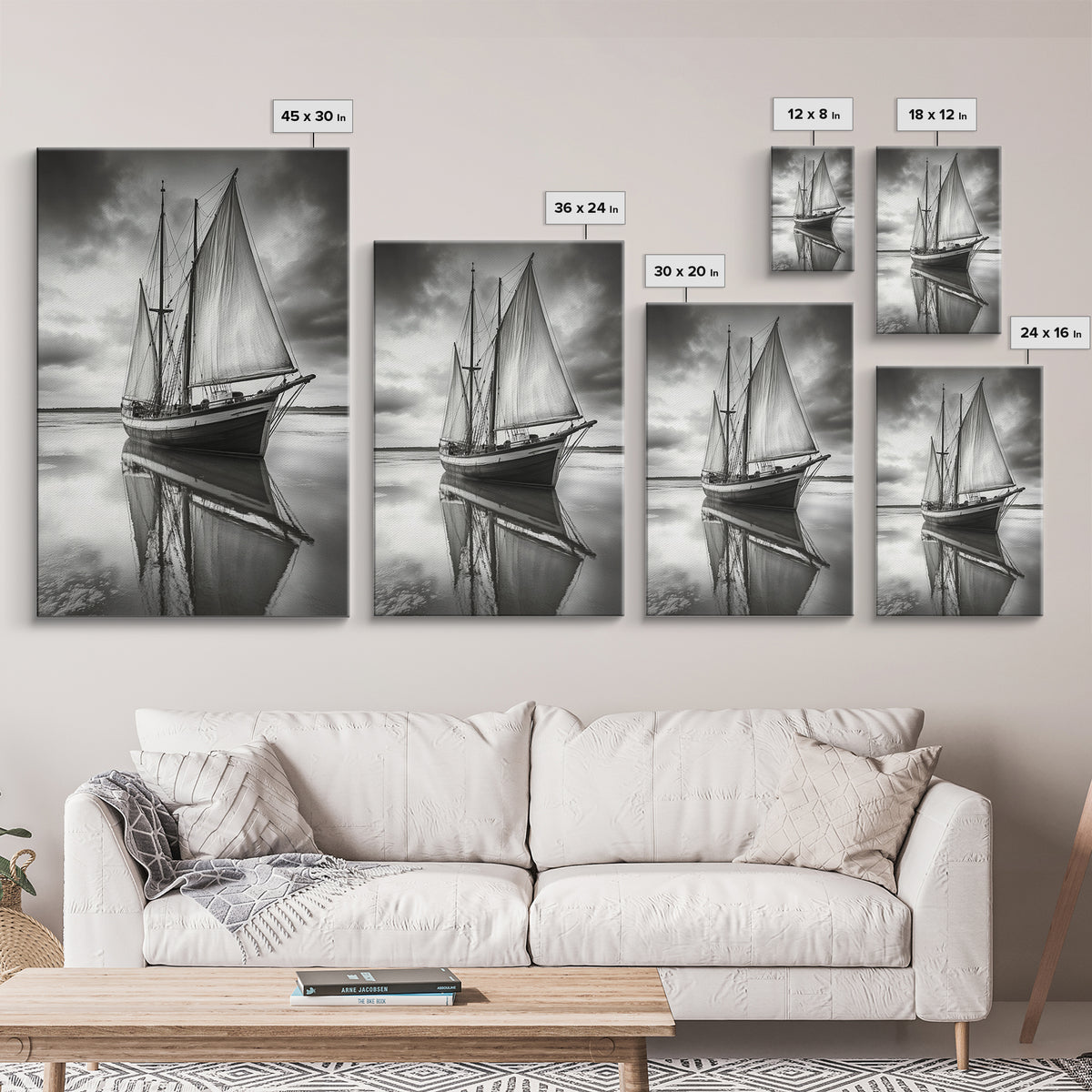 Sailboat Reflections, Calm Waters, Stormy Sky, Canvas Print, Nautical Wall Art, Office or Den Decor, Classic Maritime Photography