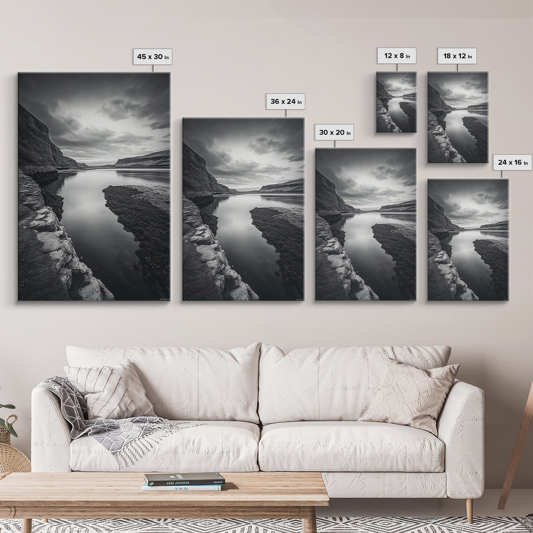 River Gorge, Twilight Reflections, Cliffside Calm, Canvas Print, Moody Black White Wall Art, Bedroom or Office Decor, Dramatic Landscape