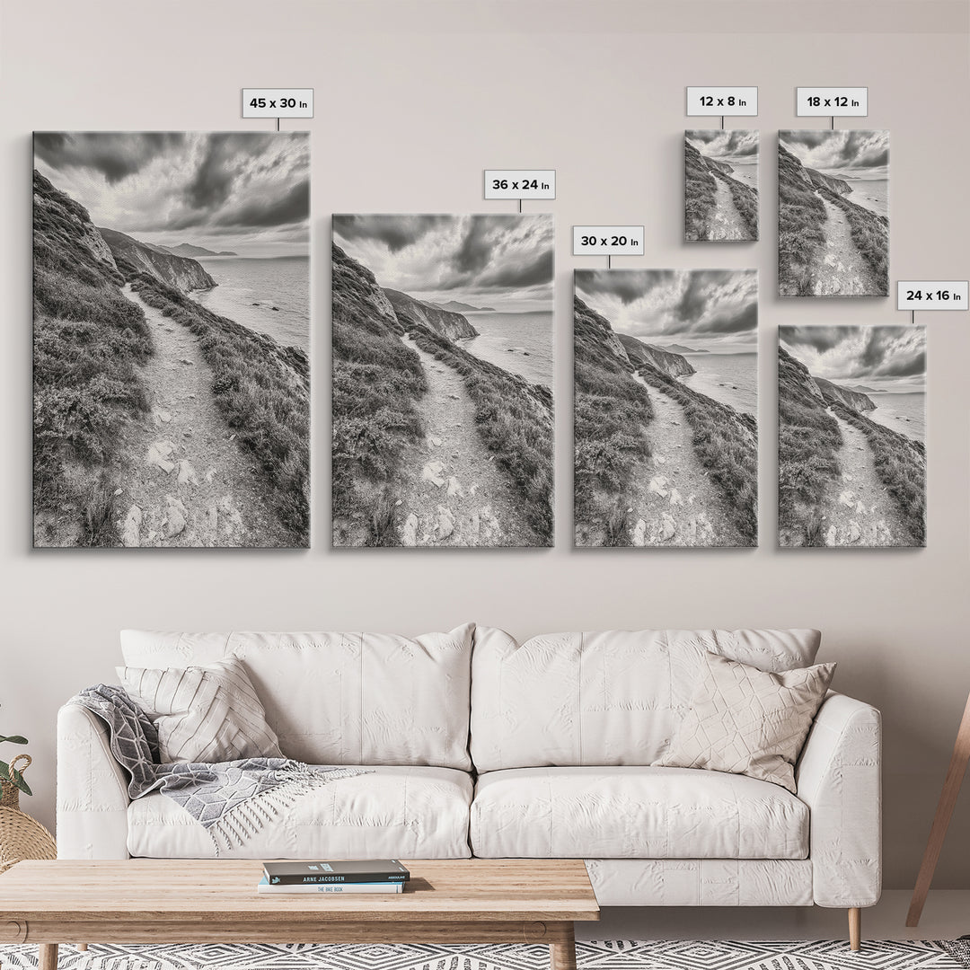 Cliffside Path, Coastal Trail, Ocean Escape, Canvas Print, Moody Landscape Wall Art, Living Room Decor, Adventure Travel Aesthetic