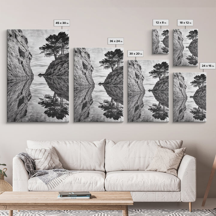 Reflected Trees, Peaceful Cove, Monochrome Seascape, Tranquil Decor, Framed Canvas Print, Zen Wall Art, Entryway Print, Coastal Calm