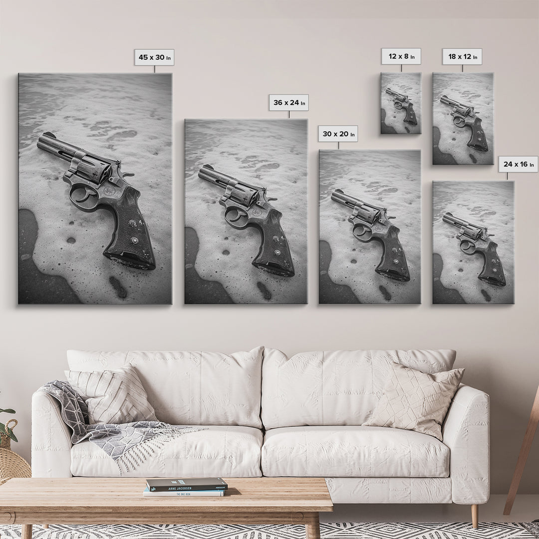 Revolver Beach, Washed Ashore, Western Style, Noir Photography, Framed Canvas Print, Industrial Wall Art, Man Cave Decor, Rustic Vibes