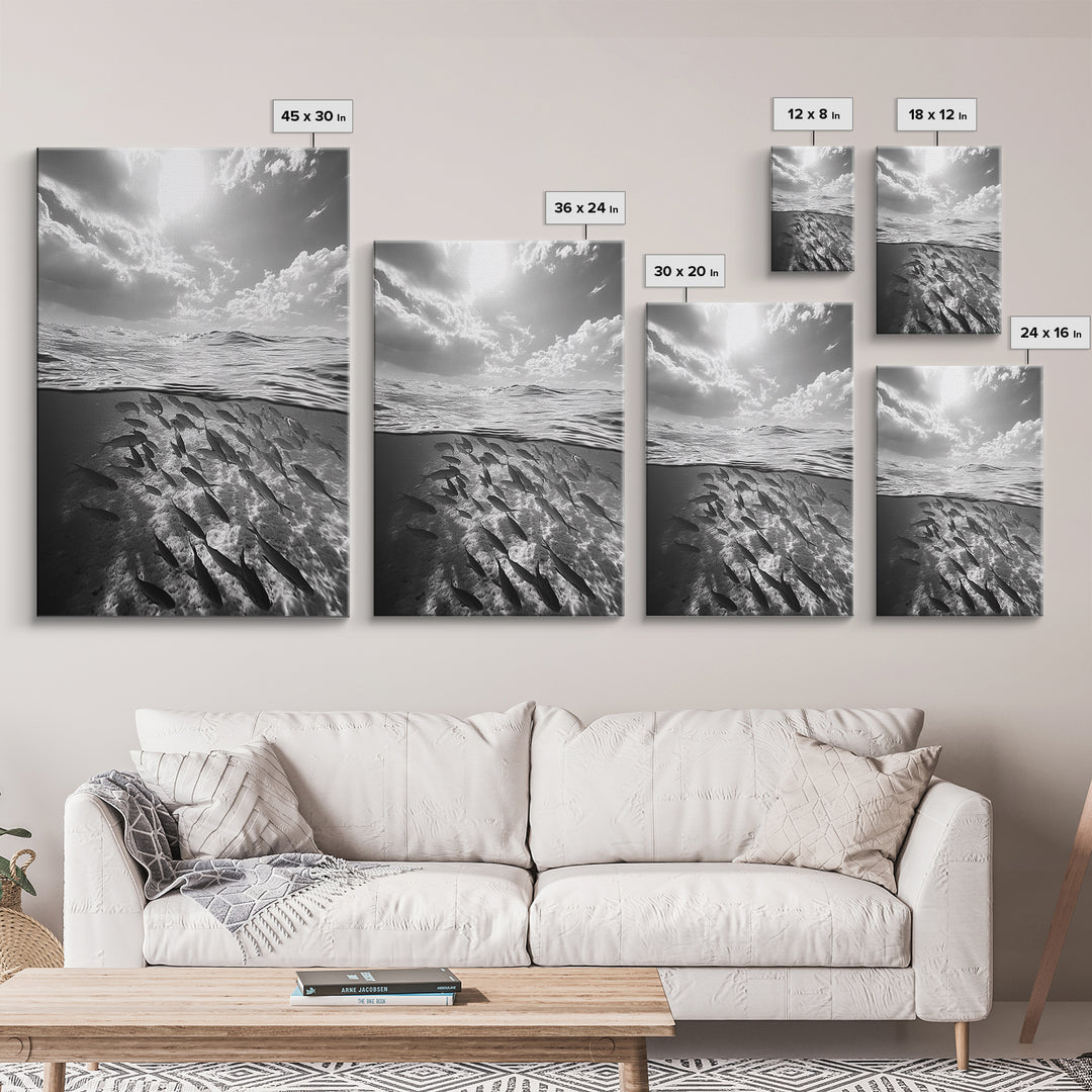 Underwater Scene, School of Fish, Ocean Photography, Split Shot Water, Framed Canvas Print, Bathroom Wall Art, Coastal Decor