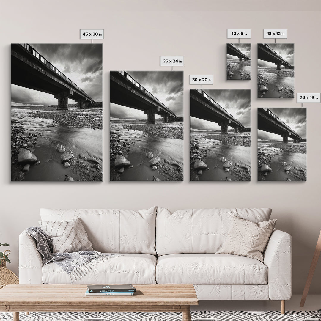 Stormy Bridge, River Rocks, Dramatic Sky, Modern Landscape, Framed Canvas Print, Moody Photography, Office Wall Art, Minimalist Decor