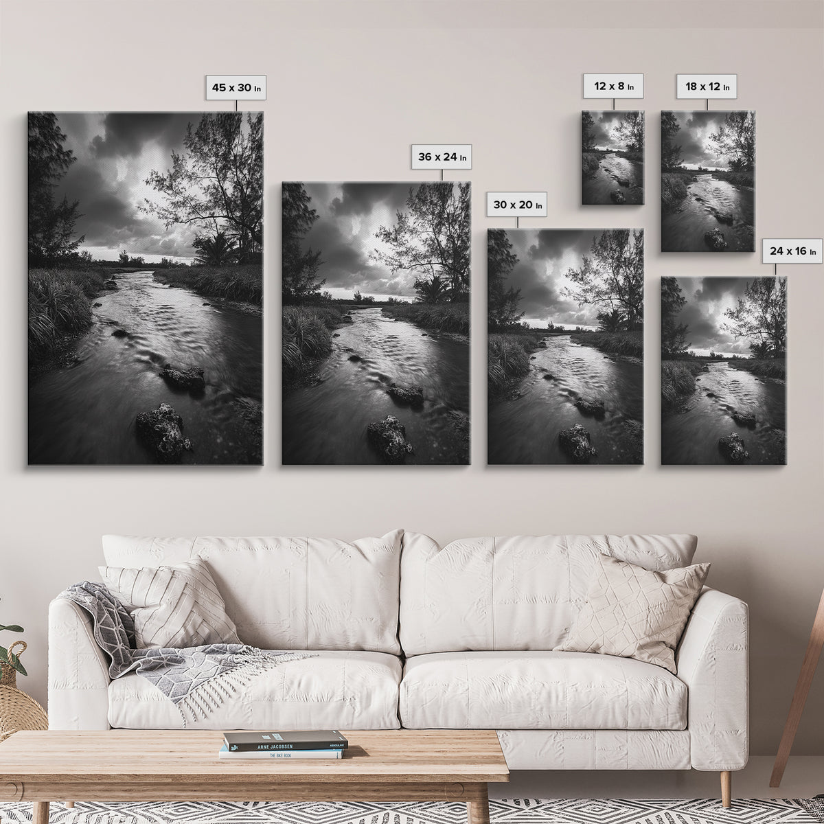 River Flow, Storm Clouds, Nature Trees, Monochrome Scene, Framed Canvas Print, Bathroom Wall Art, Moody Landscape, Rustic Home Decor