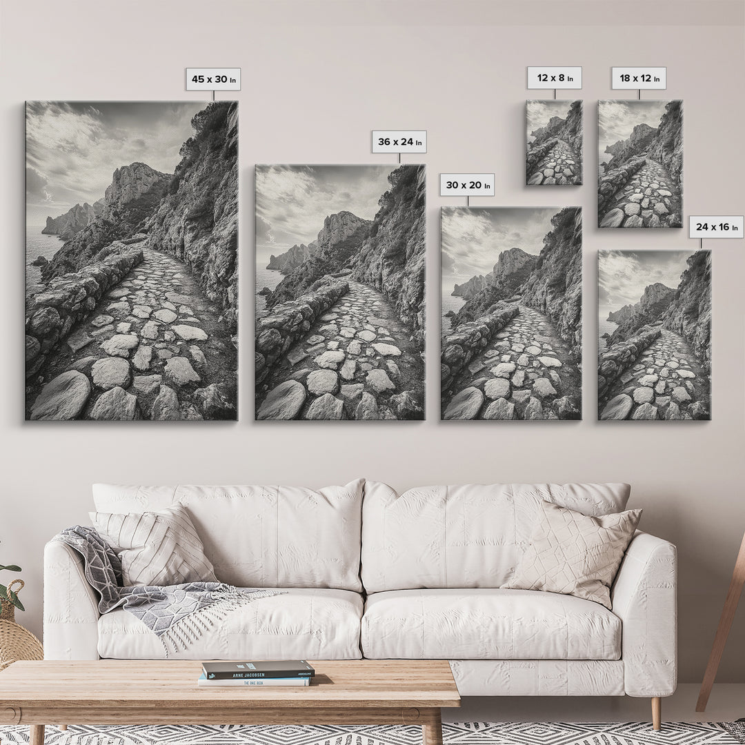 Cliff Path, Coastal Trail, Rugged Rock, Hiking Vibe, Framed Canvas Print, Hallway Wall Art, Nature Photography, Adventure Decor